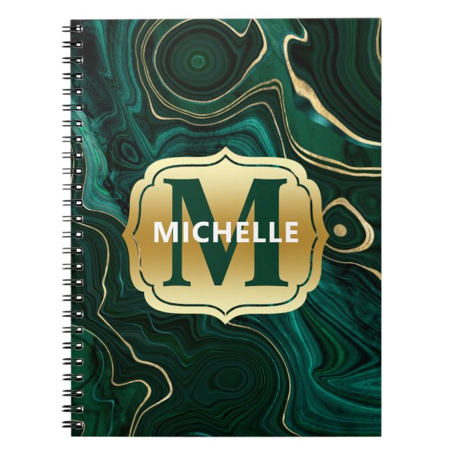 Caderno Espiral Malachite Verde Escuro e Estrada de Folha Dourada (Frente)