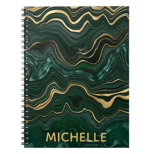 Caderno Espiral Malachite Verde Escuro e Estrada de Folha Dourada (Frente)