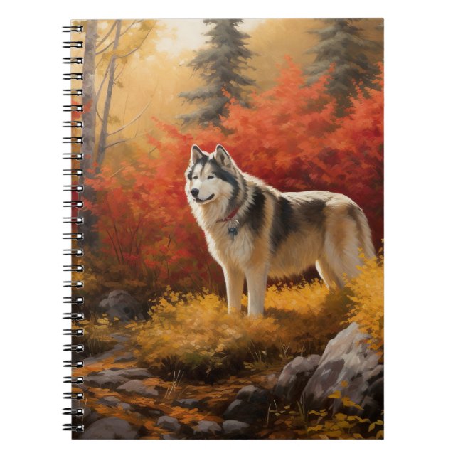 Caderno Espiral Malamute do Alasca nas Folhas do outono inspira-se (Frente)