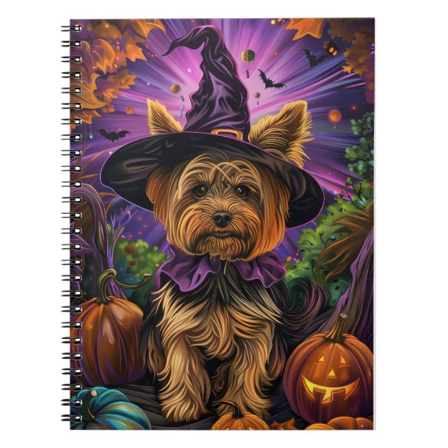 Caderno Espiral Malandro Yorkipoo, Bruxa de Halloween E Abóbora (Frente)