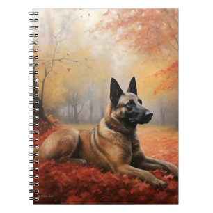 Caderno Espiral Malinois Belga no Outono Folhas Caídas Inspiram