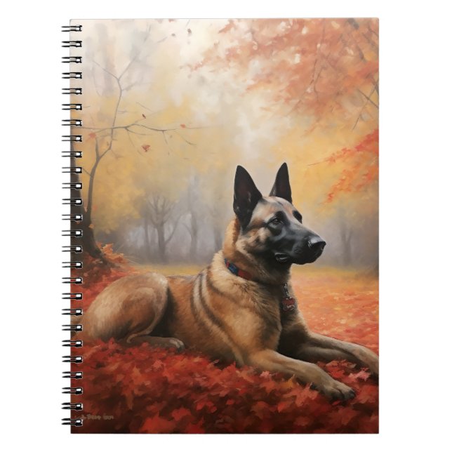 Caderno Espiral Malinois Belga no Outono Folhas Caídas Inspiram (Frente)