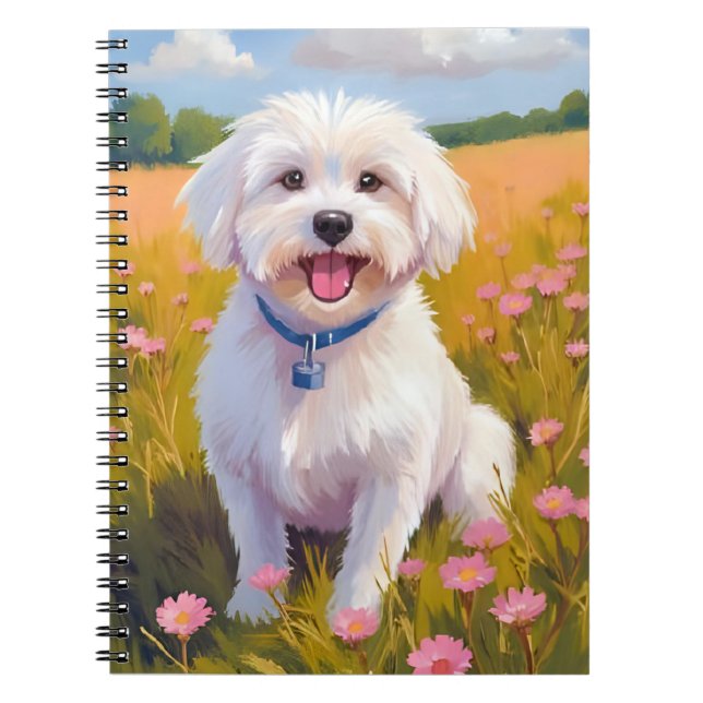 Caderno Espiral Maltese Dog Flower Field Painting (Frente)