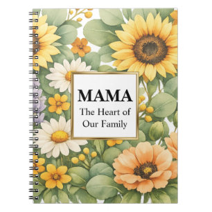 Caderno Espiral MAMA Girassol Lavanda Moldura Dourada Clássico 