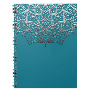 Caderno Espiral Mandala Azul Turquesa e Prata Elegante Minimal Mar