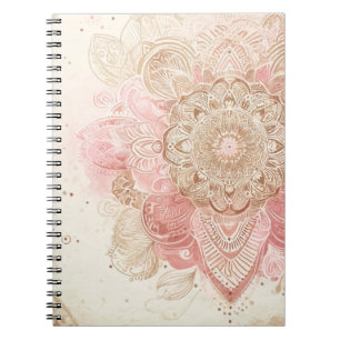 Caderno Espiral Mandala Boêmio Boho Rosa Marrom Creme Moda