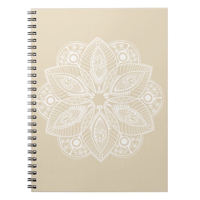 Caderno Espiral Mandala branca exótica em fundo bege (Frente)