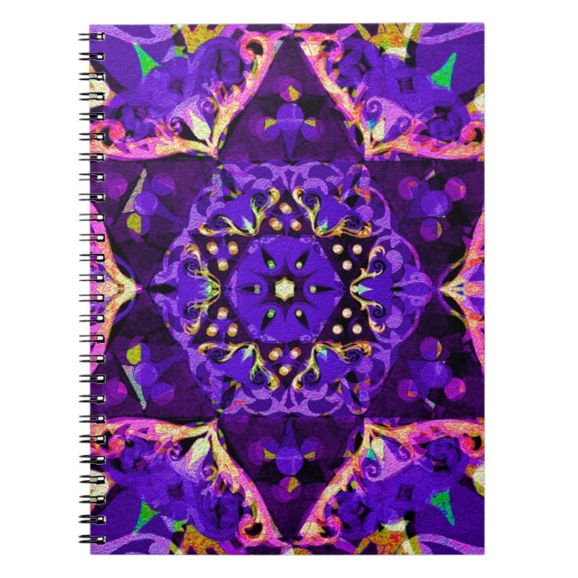 Caderno Espiral Mandala da flor da estrela no roxo (Frente)