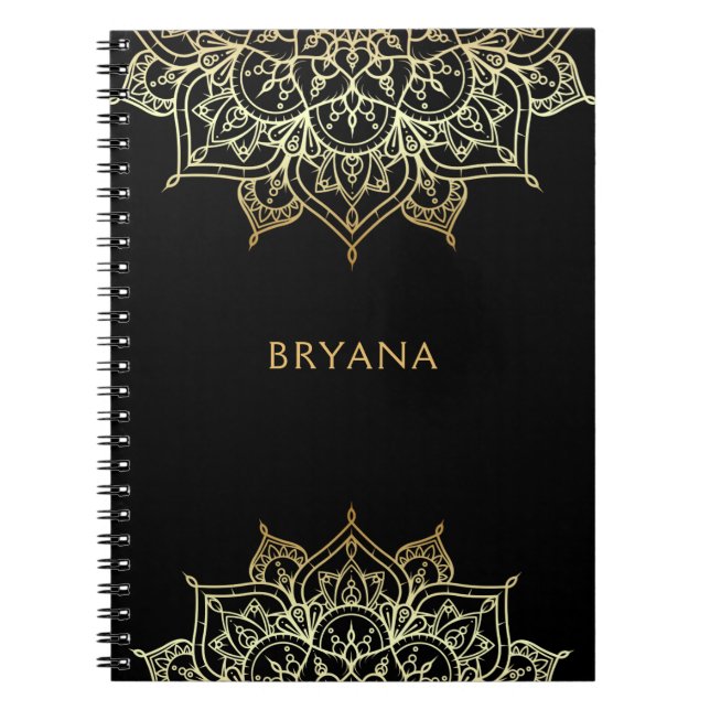 Caderno Espiral Mandalá Dourado Glamour Chic Preto Moderno Glam (Frente)