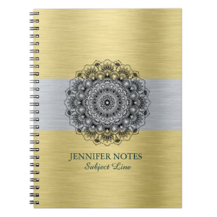 Caderno Espiral Mandala preta sobre ouro metálico e prata