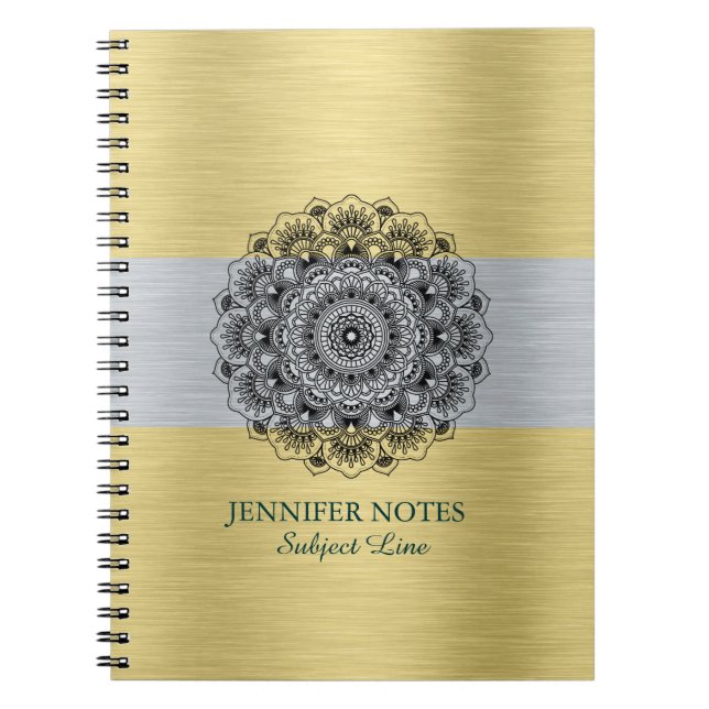 Caderno Espiral Mandala preta sobre ouro metálico e prata (Frente)