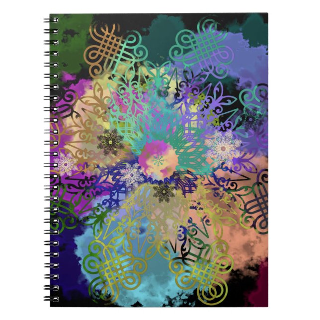 Caderno Espiral Mandalas de renda geométrica multicolorida (Frente)