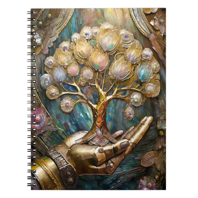 Caderno Espiral Mão Robô ouro Segurando Dourada Árvore De Vida (Frente)