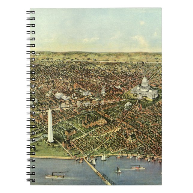 Caderno Espiral Mapa antigo com uma Visão Panorâmica de Washington (Frente)