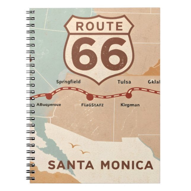 Caderno Espiral Mapa Antigo da Rota 66 com Cidades Históricas (Frente)