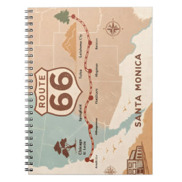 Caderno Espiral Mapa Antigo da Rota 66 com Cidades Históricas