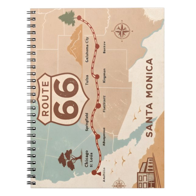 Caderno Espiral Mapa Antigo da Rota 66 com Cidades Históricas (Frente)