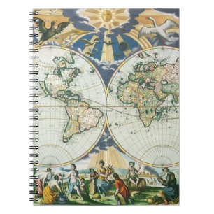 Caderno Espiral Mapa Antigo do Mundo por Pieter Goos, 1666