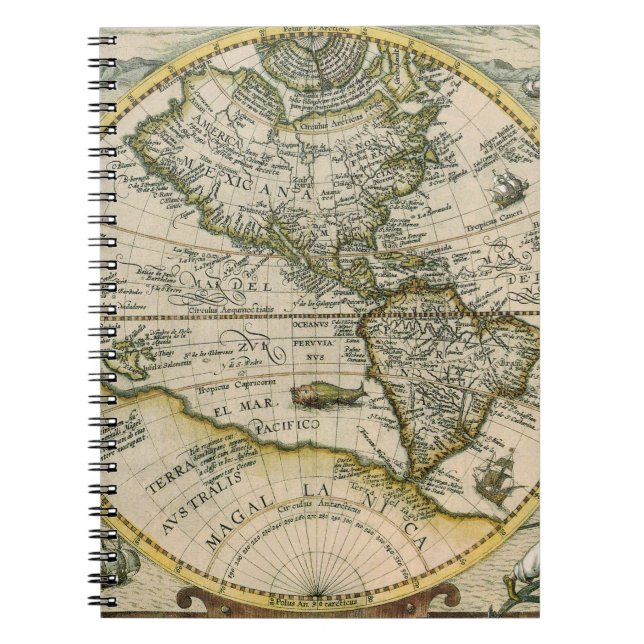 Caderno Espiral Mapa Antiquado, 1596, America Sive Novus Orbis (Frente)
