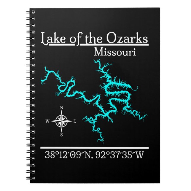 Caderno Espiral Mapa Coordenadas do Lago dos Ozarks Missouri (Frente)