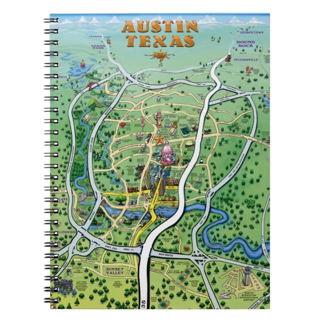 Caderno Espiral Mapa de Cartoons de Austin Texas (Frente)
