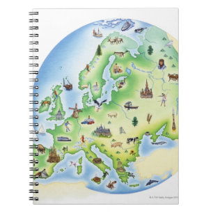Caderno Espiral Mapa de Europa com ilustrações de famoso
