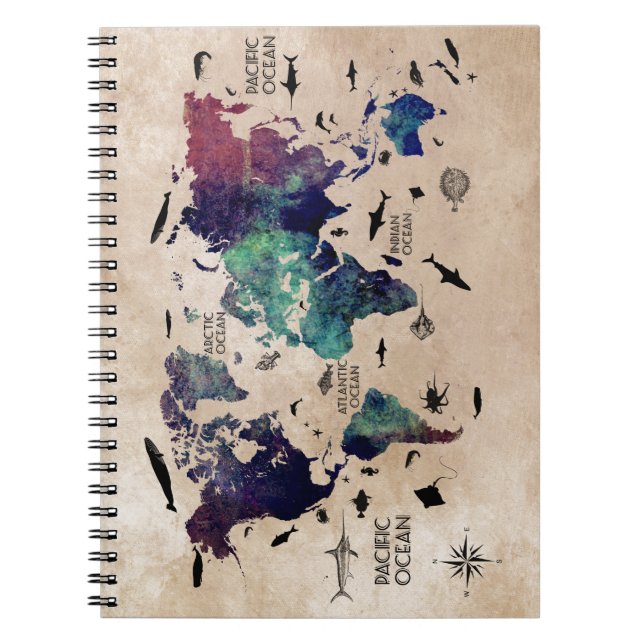 Caderno Espiral mapa do mundo do oceano (Frente)