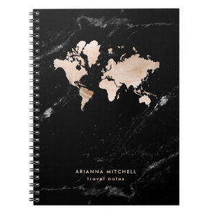 Caderno Espiral Mapa do mundo Dourado claro no mármore preto
