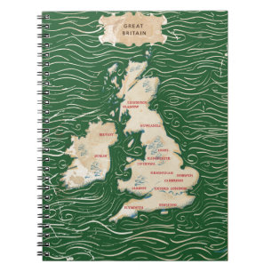 Caderno Espiral Mapa do Reino Unido Cartaz verde vintage