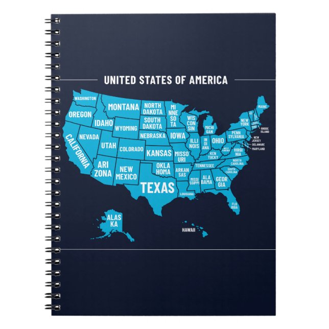 Caderno Espiral Mapa dos Estados Unidos Design Minimalista Azul Tu (Frente)