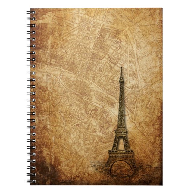 Caderno Espiral Mapa e torre Eiffel velhos de Paris (Frente)