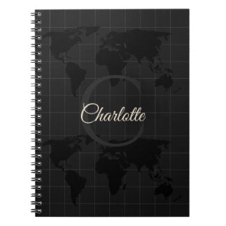 Caderno Espiral Mapa Mundi Preto e Branco Personalizado com Monogr