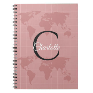 Caderno Espiral Mapa-Múndi Rosa Personalizado com Monograma Nome P