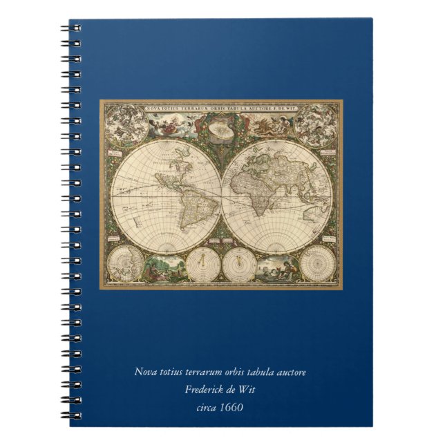 Caderno Espiral Mapa mundial antigo de Frederick de Wit em 1660 (Frente)
