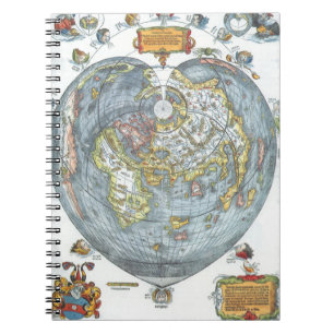 Caderno Espiral Mapa Mundial Antigo em Forma de Coração Peter Apia
