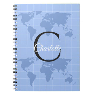 Caderno Espiral Mapa Mundial Monograma Personalizado Riviera Azul
