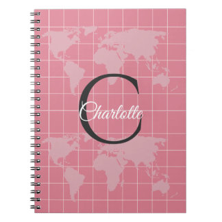 Caderno Espiral Mapa Mundial Personalizado com Monograma em Rosa M