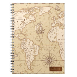 Caderno Espiral Mapa Mundial Vintage com Nome