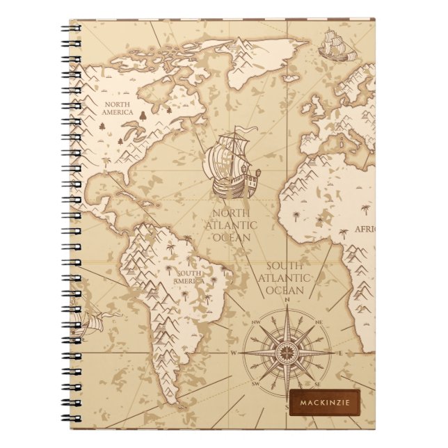 Caderno Espiral Mapa Mundial Vintage com Nome (Frente)