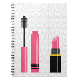 Caderno Espiral Maquiagem Fofa Batom Rosa E Máscara De Cílios