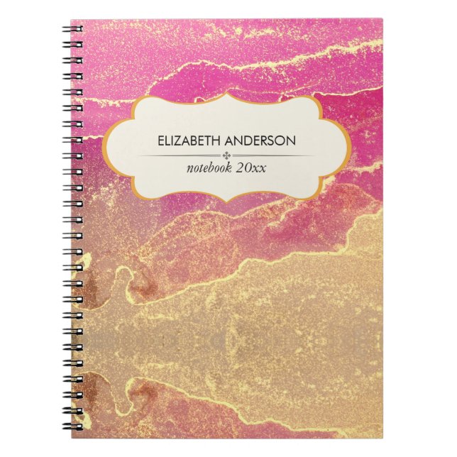 Caderno Espiral Marble Elegante rosa e Dourado (Frente)