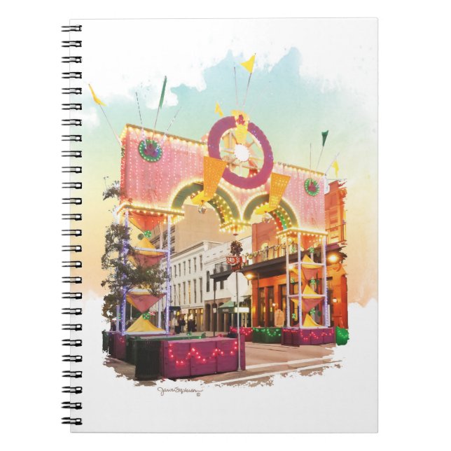 Caderno Espiral Mardi Gras Arch Galveston, aquarela inspirada (Frente)