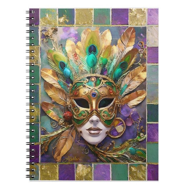 Caderno Espiral Mardi Gras Dourada e Máscara de Pavão Verde (Frente)