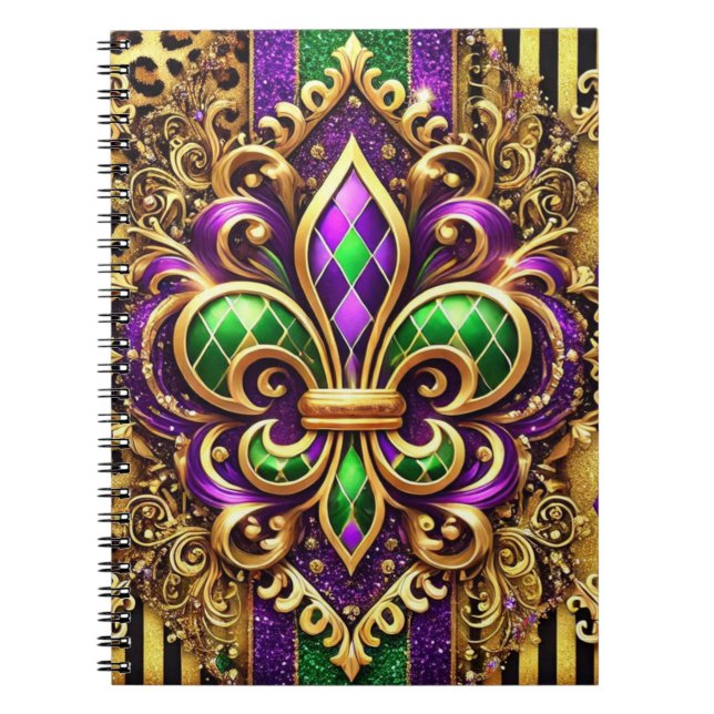 CADERNO ESPIRAL MARDI GRAS FLEUR DE LIS, DOURADO VERDE PURPEN (Frente)