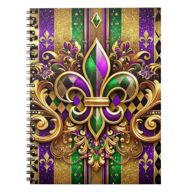 CADERNO ESPIRAL MARDI GRAS FLEUR DE LIS, DOURADO VERDE PURPEN (Frente)