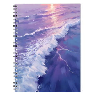 Caderno Espiral Maré Roxa   Pintura em Aquarela de Ondas do Oceano