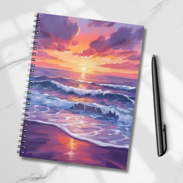 Caderno Espiral Maré Violeta | Por do Sol roxo Ondas do Oceano Pin (Criador carregado)