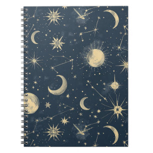 Caderno Espiral Marfim Antigo Mapa Celestial da Lua Estrela Azul-M