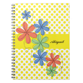 Caderno Espiral Margaridas coloridas, bolinhas amarelas,