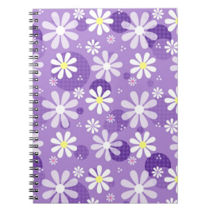 Caderno Espiral Margaridas retros e bolinhas roxas